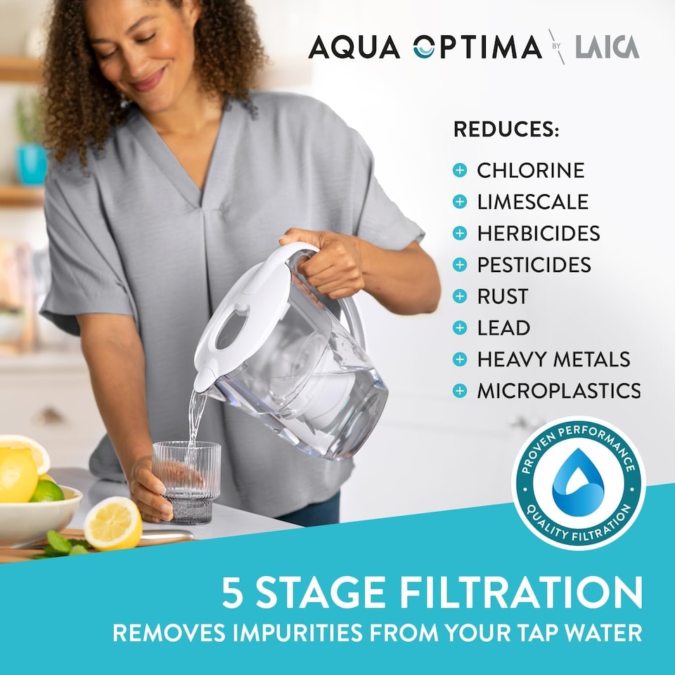 image 1 of Aqua Optima Liscia Water Filter Jug & 6 Evolve Filter Cartridges 2.5L White - Fridge & Dishwasher Friendly, Easy Fill - Reduces Limescale, Chlorine & Other Impurities - By LAICA (Packaging May Vary)