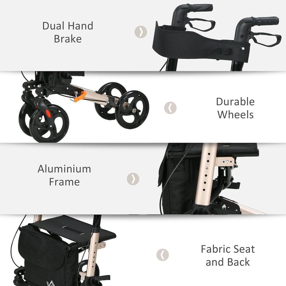 image 1 of HOMCOM 4 Wheel Rollator Walker, Adjustable Mobility Walker with Bag,Gold Tone