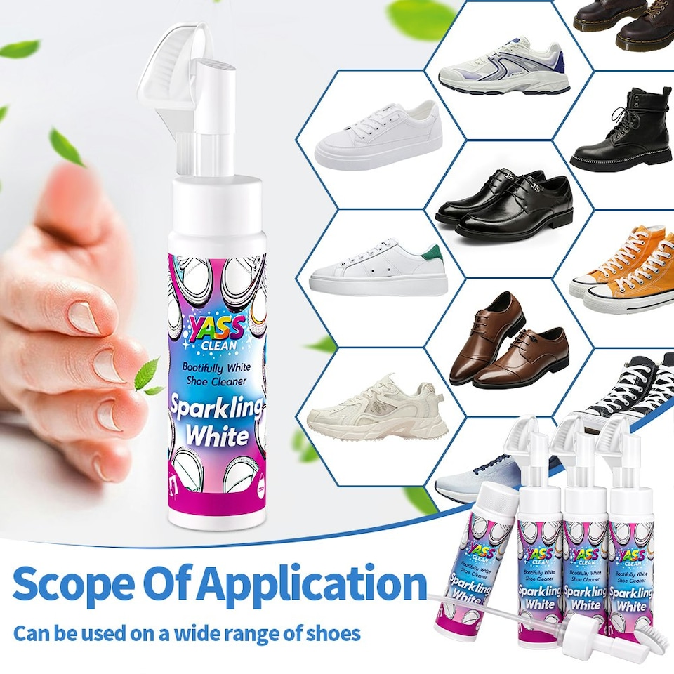 image 1 of Yass Clean White Shoe Cleaner Set, 200ml x 4 Bottles, Foam Applicator with Brush, Sparkling White Formula