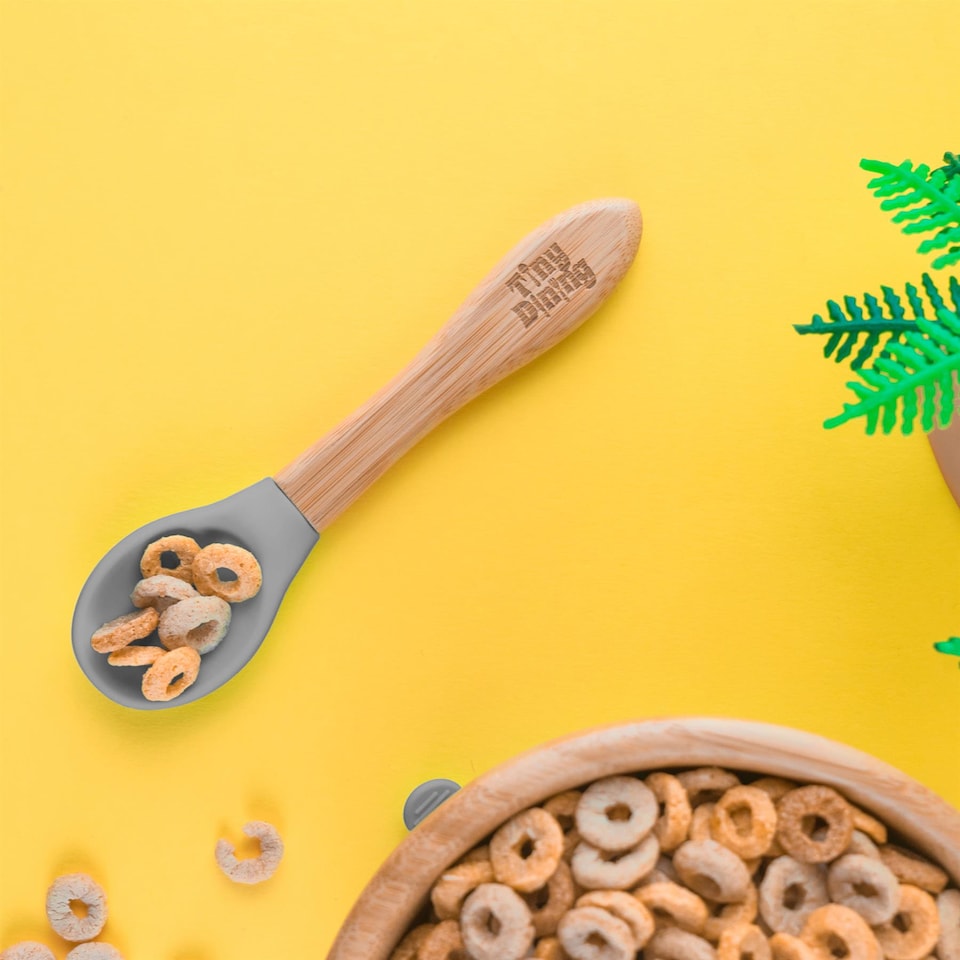 image 1 of Tiny Dining Bamboo Silicone Tip Spoon - Grey - Children's Baby Toddler Soft Curved Feeding Weaning Spoon