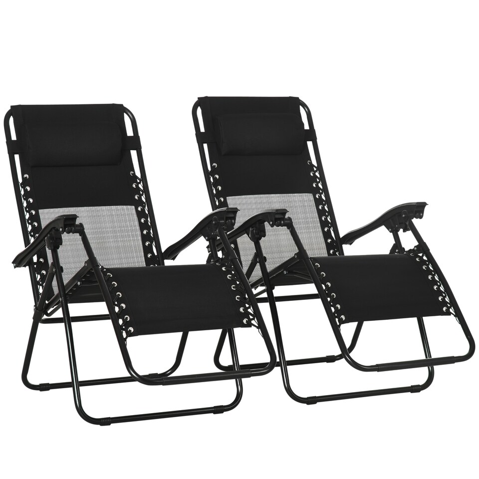 image 1 of Outsunny Garden Recliner Chairs Set of 2, Outdoor Foldable Zero Gravity Chairs Set with Footstool and Detachable Headrest, Black