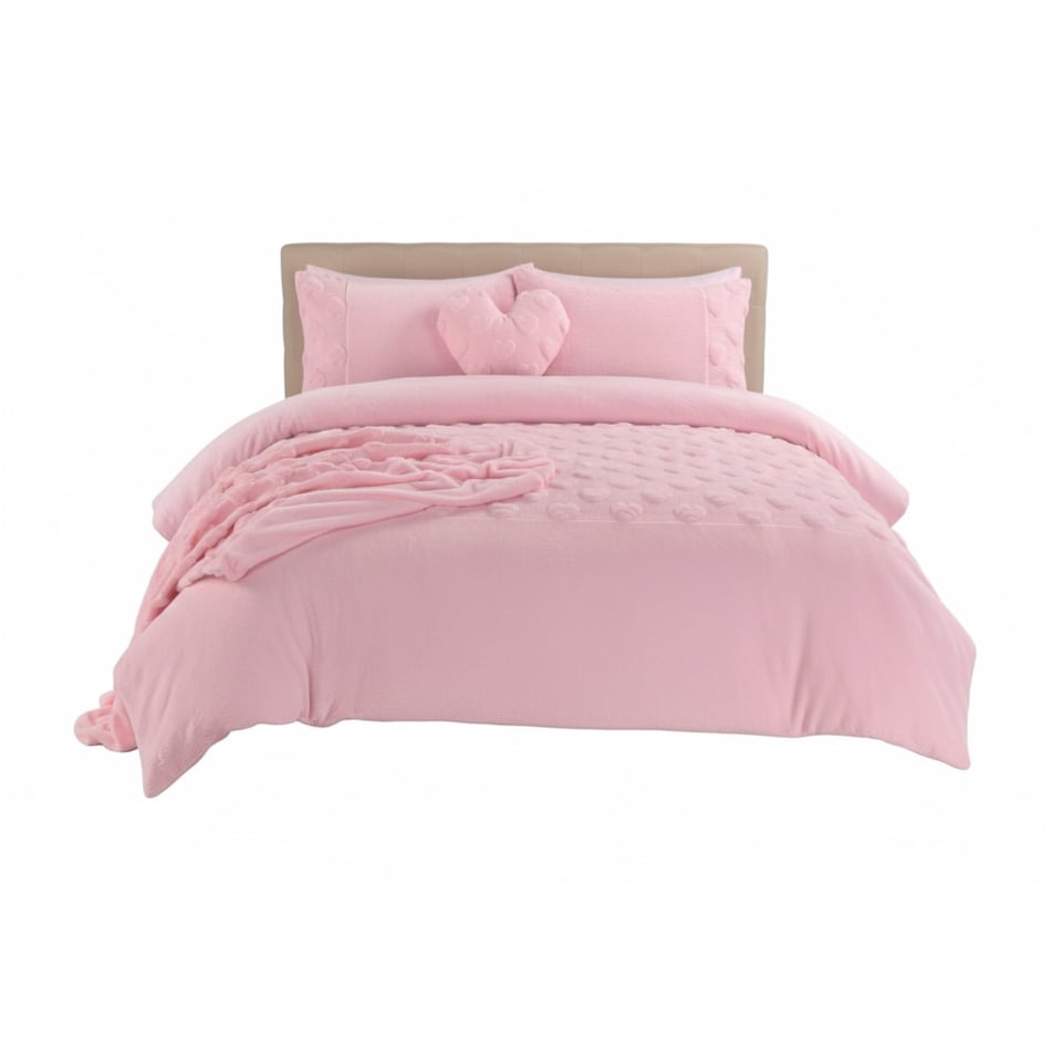 image 1 of Super Soft Teddy Duvet Cover Set Heart Embossed Cozy Fleece Bedding | Pink | Super King