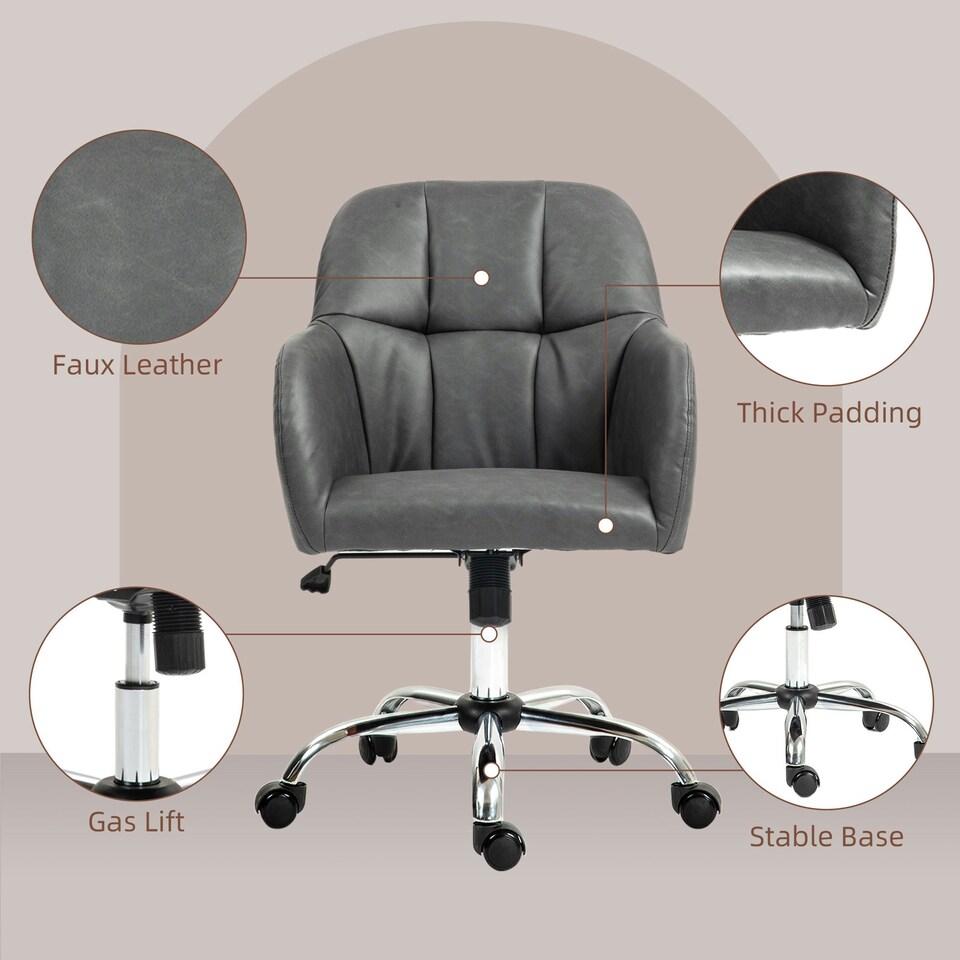 image 1 of HOMCOM Computer Desk Chair with PU Leather, Swivel Wheels, Grey