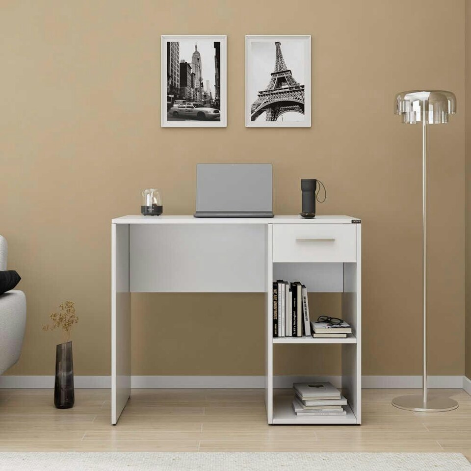 image 1 of Adore Matt White Study Desk with Drawer & Shelves White
