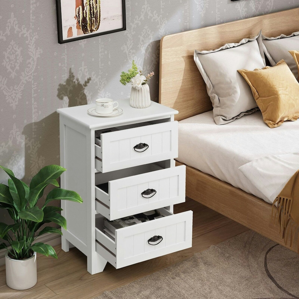 image 1 of COSTWAY Wood 3-Drawer Nightstand Accent End Table White | White