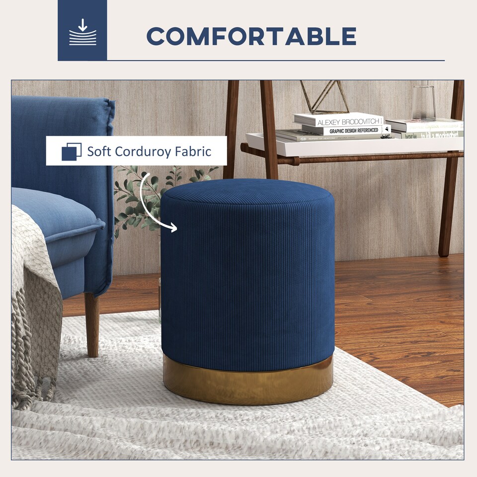 image 1 of HOMCOM Modern Round Footstool, Corduroy Fabric Upholstered Foot Stool with Padded Seat for Living Room, Entryway, Dark Blue