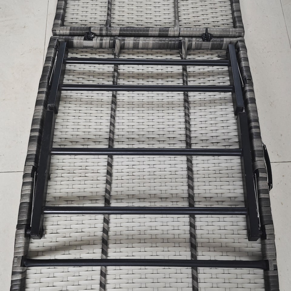 image 1 of Outsunny Folding Rattan Sun Lounger, Wicker Garden Lounger with Cushion and Pillow, Outdoor Sunbed with Steel Frame for Patio, Beach, Terrace, Grey