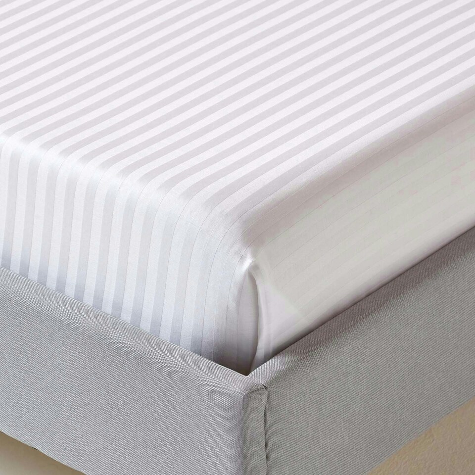 image 1 of Homescapes White Egyptian Cotton Satin Stripe Flat Sheet 330 TC, Super King White | Super King