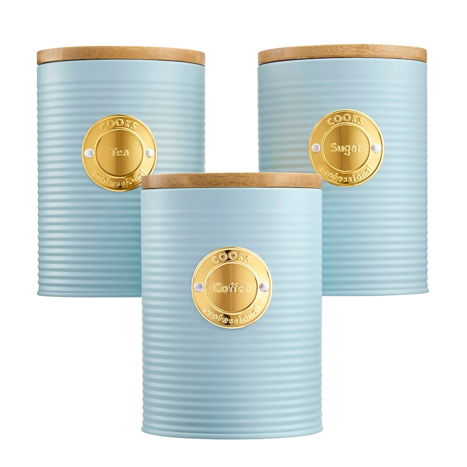 image 1 of Cooks Professional 3 Piece Ribbed Tea, Coffee, & Sugar Cannisters with Bamboo Lids | Stainless Steel Kitchen Storage Bins | Blue & Gold
