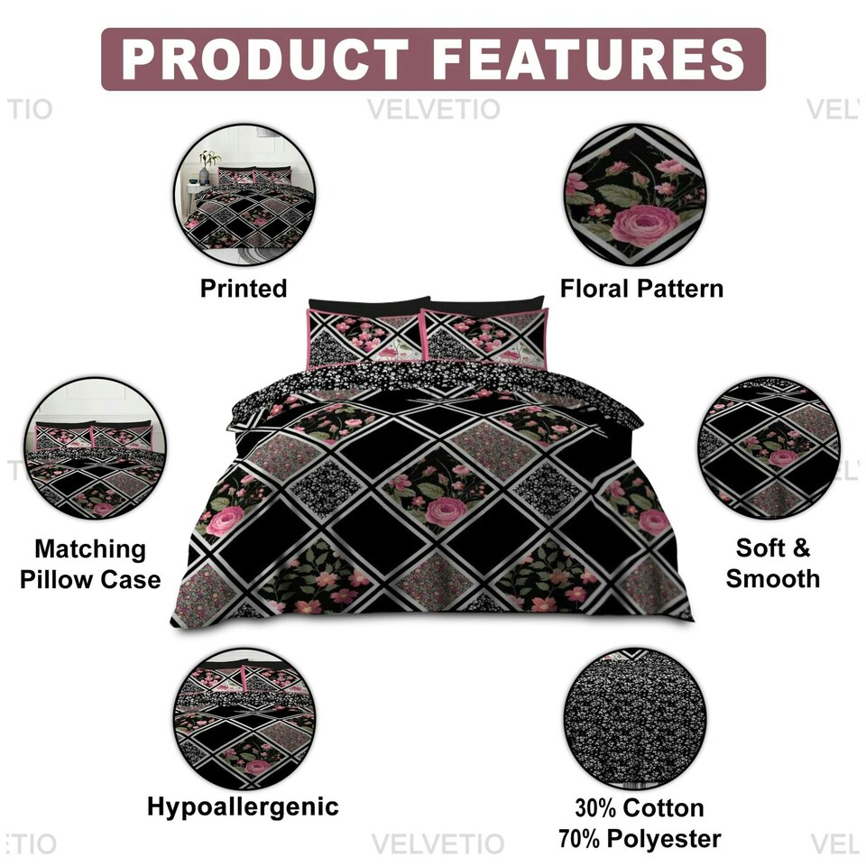 image 1 of VELVETIO Mitra Complete Duvet Cover Set with Fitted Sheet Soft Polycotton Bedding Sets Black | King