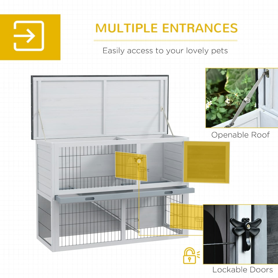 image 1 of PawHut Rabbit Hutch, Bunny Cage 2-Tier Wooden w/ Openable Roof Outdoor Grey