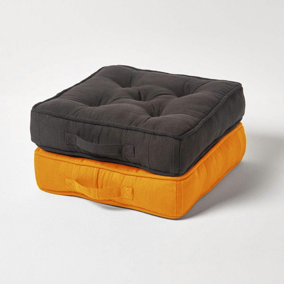 image 1 of Homescapes Rajput Ribbed Cotton Floor Cushion Mustard Yellow Yellow