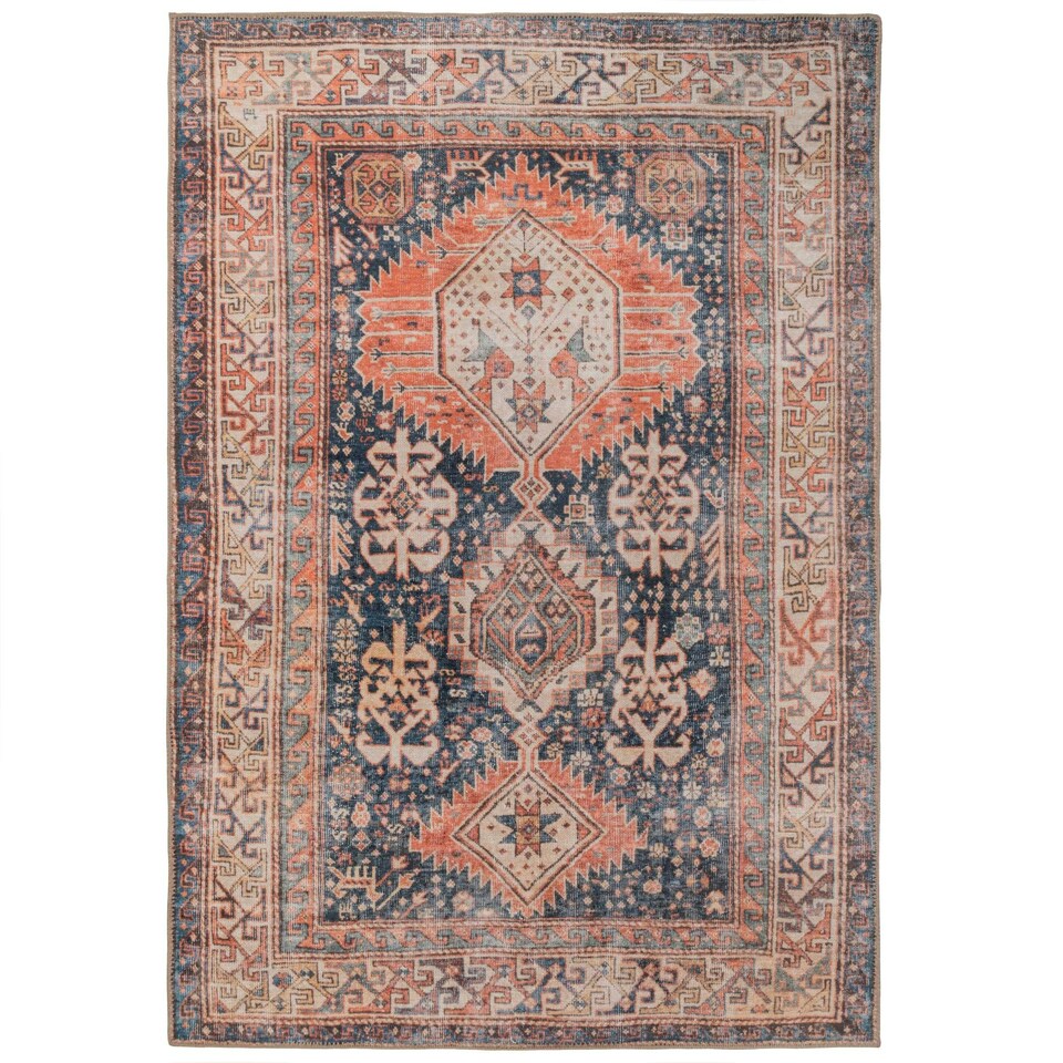 image 1 of KUKOON Terracotta Blue Distressed Persian Style Non Slip Washable Low Pile Rug 60cm x 110cm