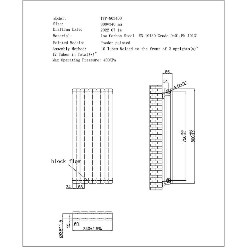 image 1 of Typhoon - Black Designer Radiator H800mm x W340mm Double Panel