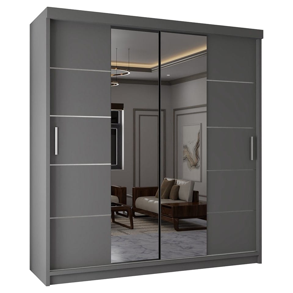 image 1 of Sliding Wardrobes 4U Modern Panelled Mirror Sliding Wardrobe – 120cm to 203cm, White, Black, Grey, Oak | Grey | Grey 180cm