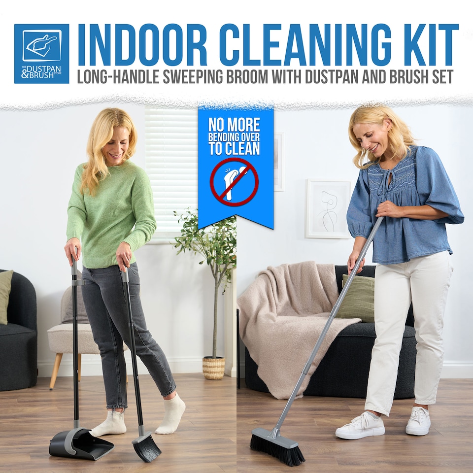 image 1 of Indoor Soft Bristle Broom & Swivel Dustpan Set Long Handle Cleaning Kit