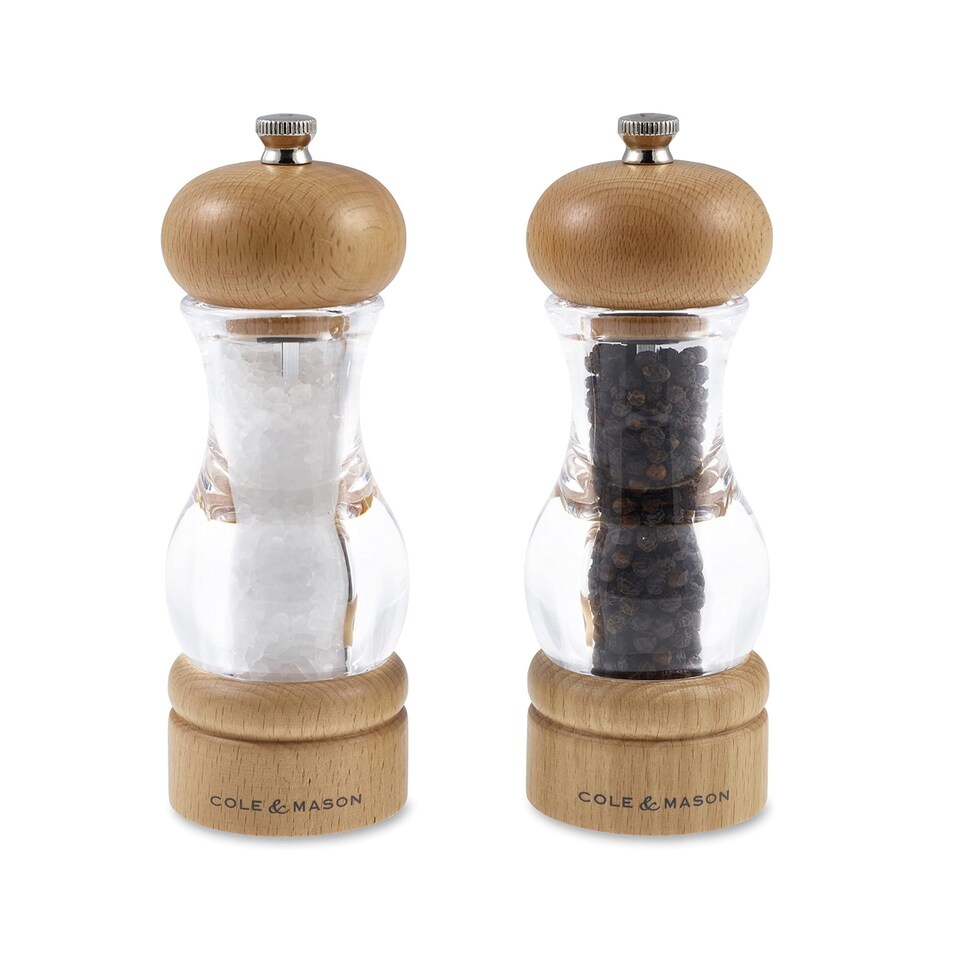 image 1 of Cole & Mason 105 Salt and Pepper Grinder Set, Adjustable Precision+ Grind Mechanism, Beech/Acrylic, 165 mm, Gift Set