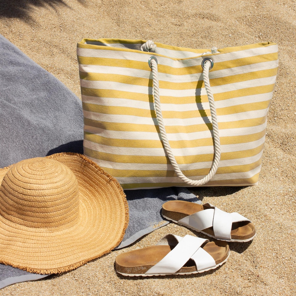 image 1 of Nicola Spring Large Striped Canvas Tote Beach Bag - 55cm x 36cm - Honeycomb | Yellow | Honeycomb