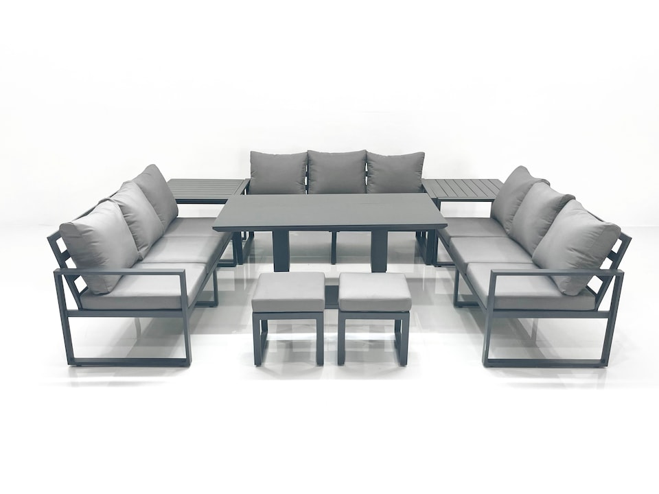 image 1 of Fimous 11 Seater Garden Sofa Set Aluminium Furniture Rising Dining Tabe Set with 2 Side Tables 2 Small Footstools Dark Grey