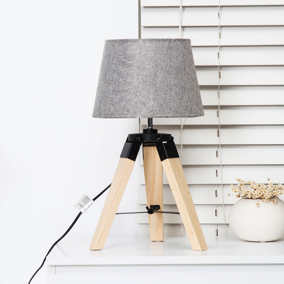 image 1 of HOMCOM Wooden Tripod Table Lamp for Side, Desk or End Table with E27 Bulb Base Grey Shade