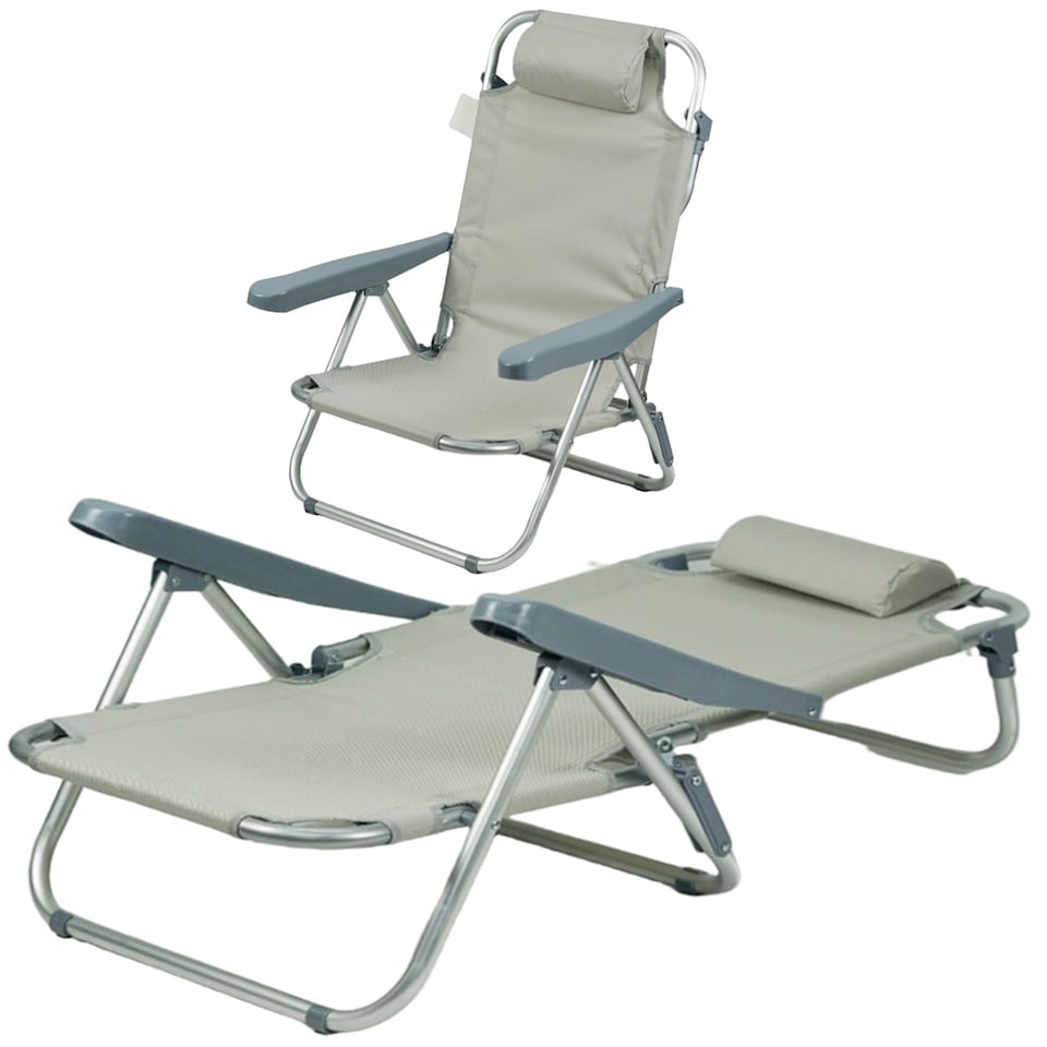 image 1 of Gr8 Garden Grey Folding Beach Deck Chair Portable Sun Bed Lounger 4 Adjustable Position