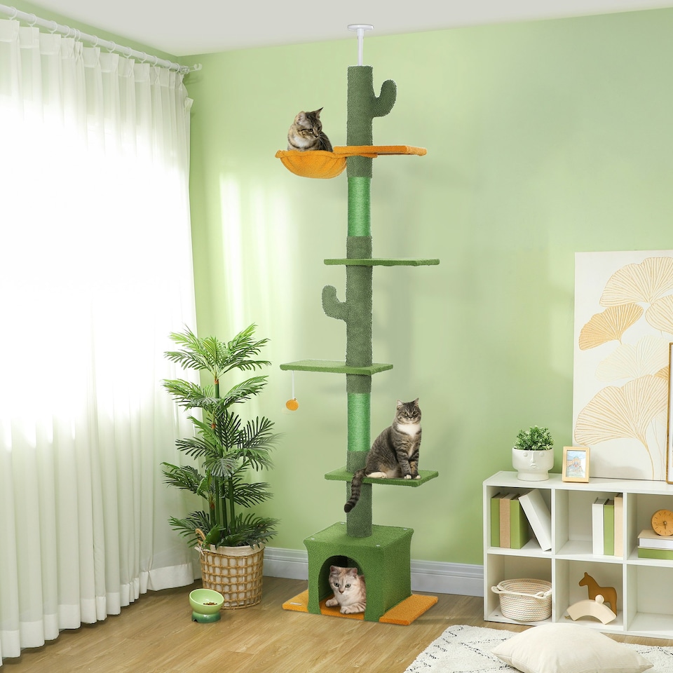 image 1 of PawHut 230-275cm Floor-to-Ceiling Cat Tree for Indoor Cats with Cat House