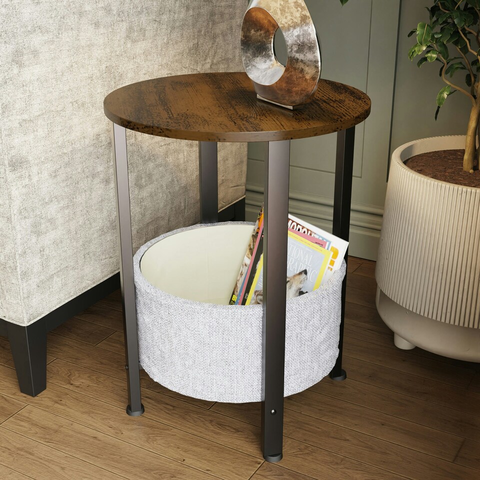 image 1 of Industrial Design Side Table With Cream Fabric Storage Base N/A
