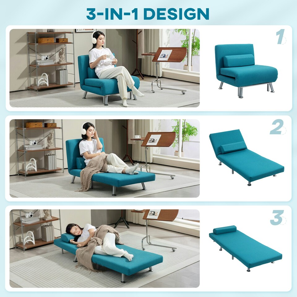 image 1 of HOMCOM Single Folding 5 Position Convertible Sleeper Chair Bed Blue Blue