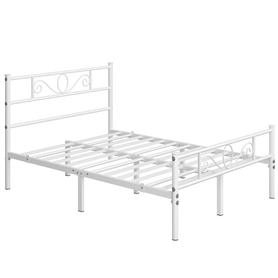 image 1 of Yaheetech 190 cm L × 135 cm W Metal Platform Bed with Scroll Design Headboard White