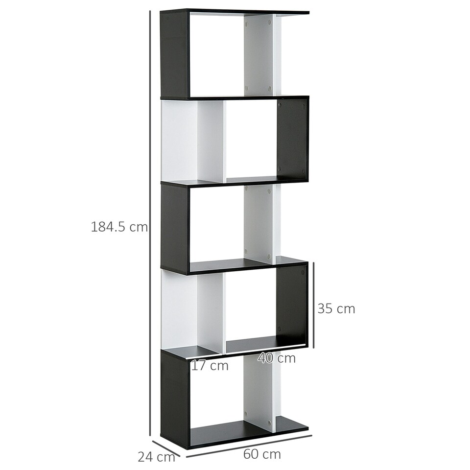 image 1 of HOMCOM 5-tier Bookcase Storage Display Shelving S Shape design Unit Black