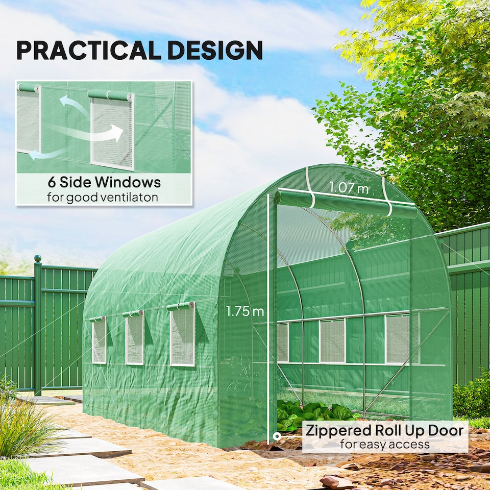 image 1 of Outsunny 3.5 x 2m Walk-In Polytunnel Greenhouse with Roll Up Door Windows Green
