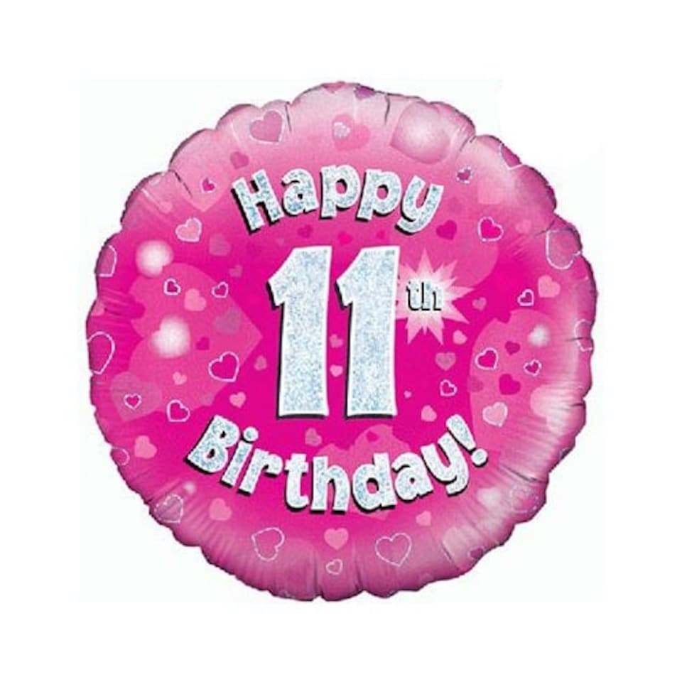 Pink Happy 11th Birthday Holographic Round Foil Helium Balloon 46cm / 18 in