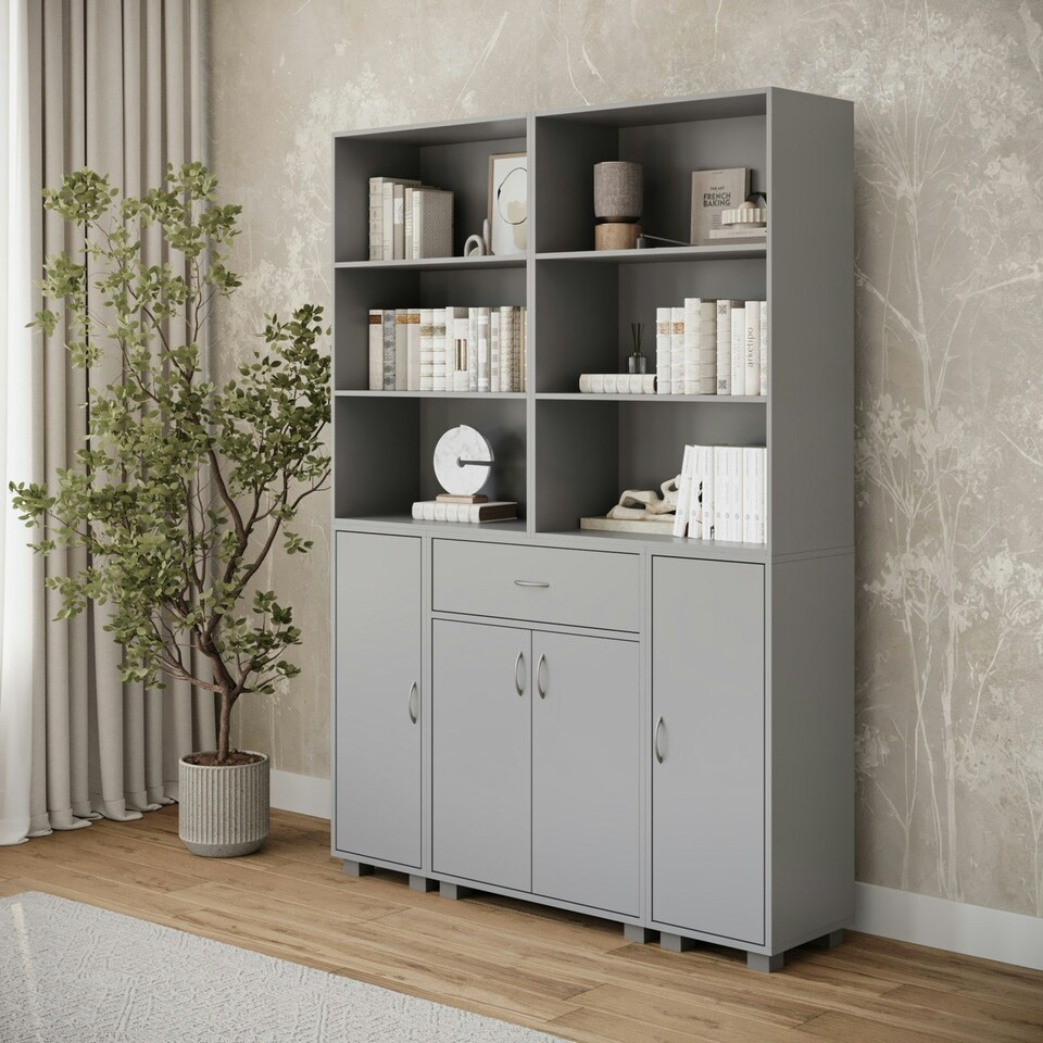 image 1 of Multi-Compartment Cabinet with 3-Tier Bookshelves and 1-Drawer Grey | Unit Colour: Grey