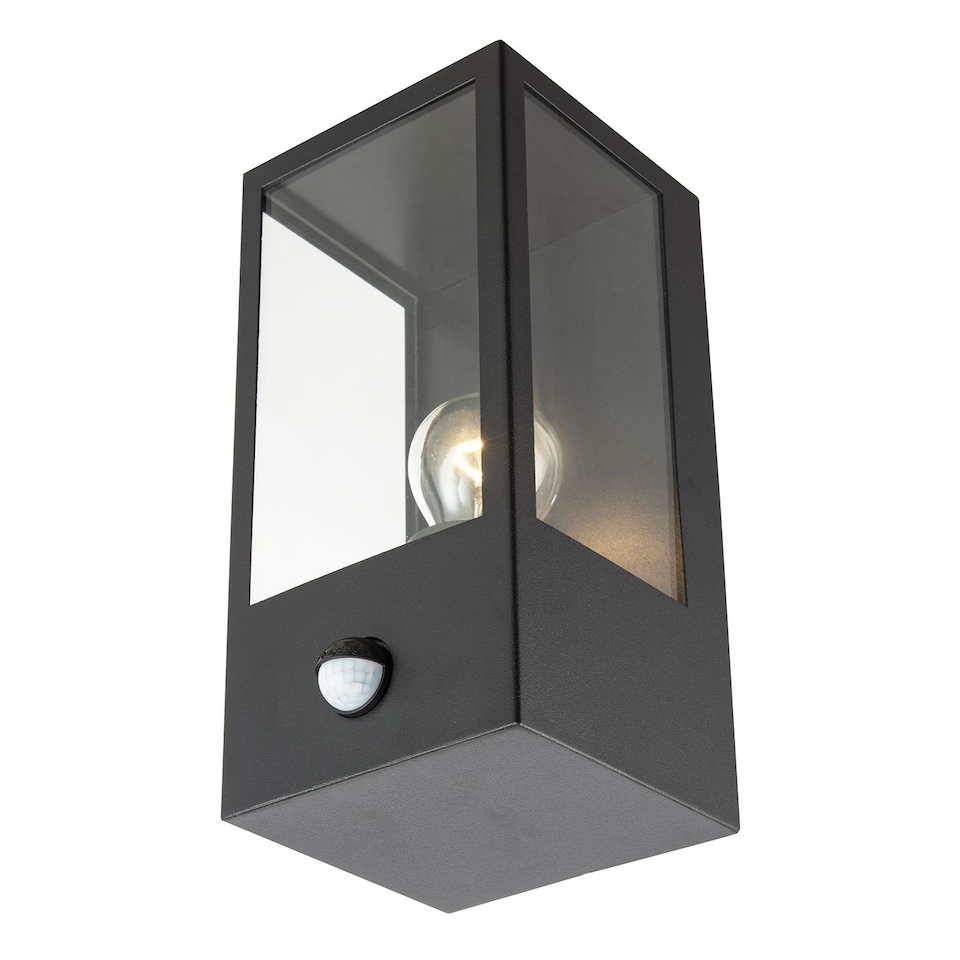 image 1 of Modern Outdoor PIR Sensor Wall Light Fitting with Box Lantern Shape IP44 Rated | Black | Black | 1