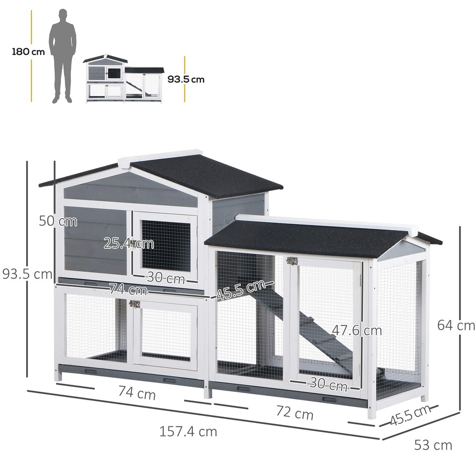 image 1 of PawHut 2-Tier Wooden Rabbit Hutch Guinea Pig House Pet Cage Outdoor w/ Tray Ramp