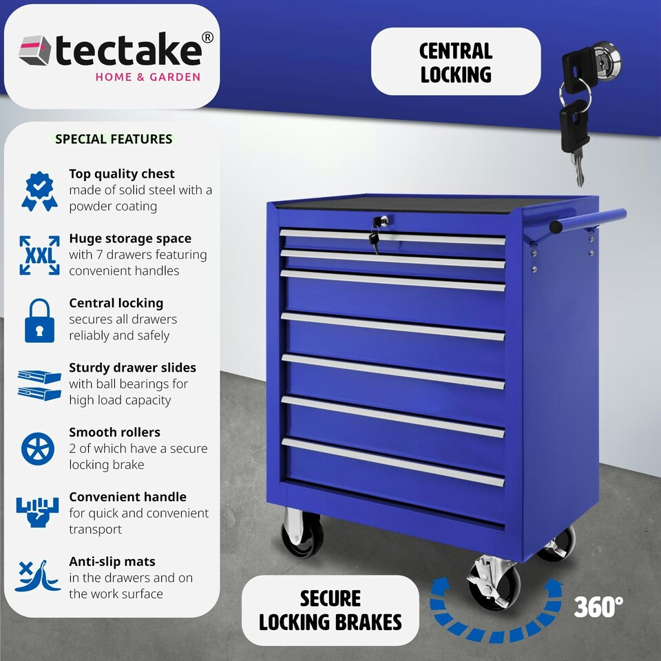 image 1 of Tool Chest - 7 drawers, 4 wheels, central locking Blue | Blue
