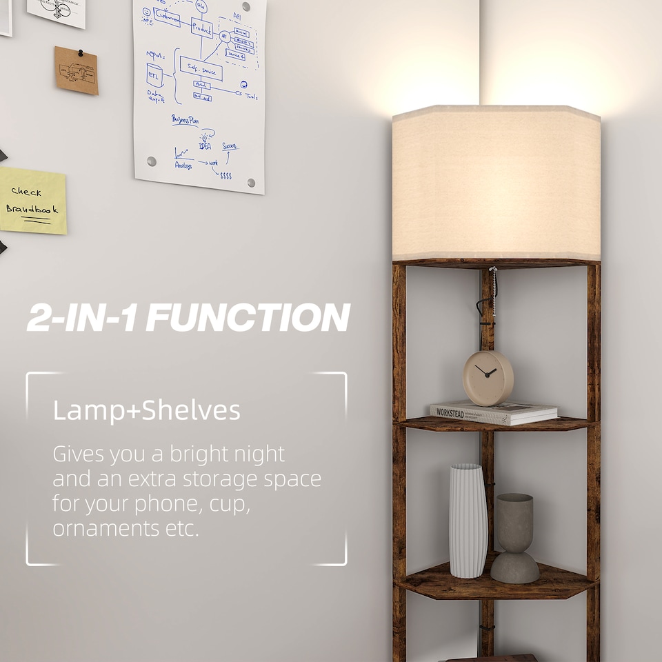 image 1 of HOMCOM Corner Modern Floor Lamp with Shelves for Living Room, Rustic Brown | Brown