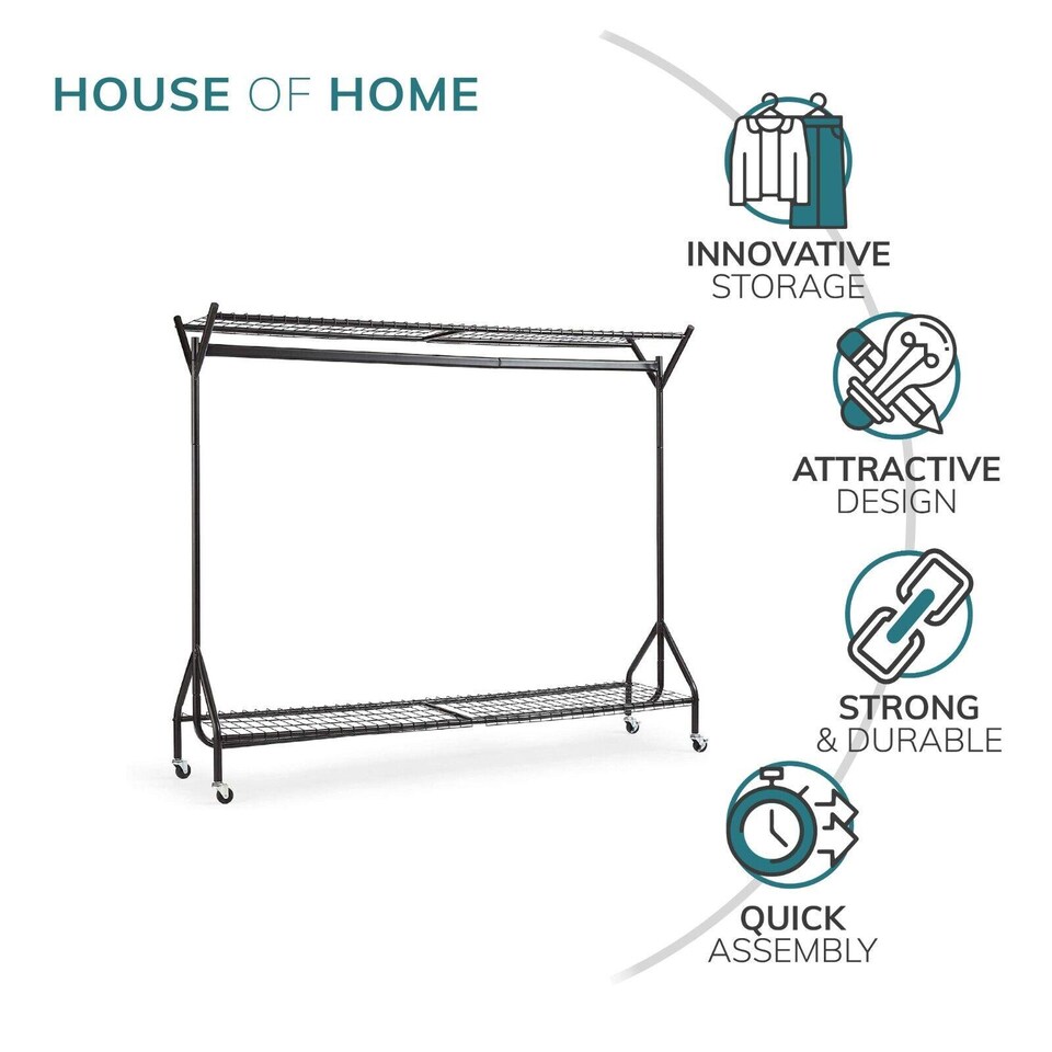 image 1 of House of Home Clothing Rail Heavy Duty Hanging Clothes Shoe Hat Rack Shelves With Wheels 6ft x 5ft | Black