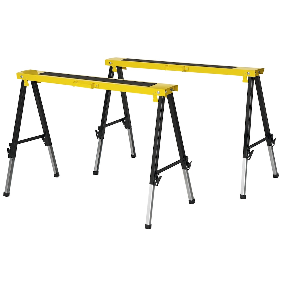 image 1 of DURHAND Set of 2 Folding Saw Horses Steel Frame w/ Anti-Slip Platform Handle DIY | Yellow | Yellow and Black