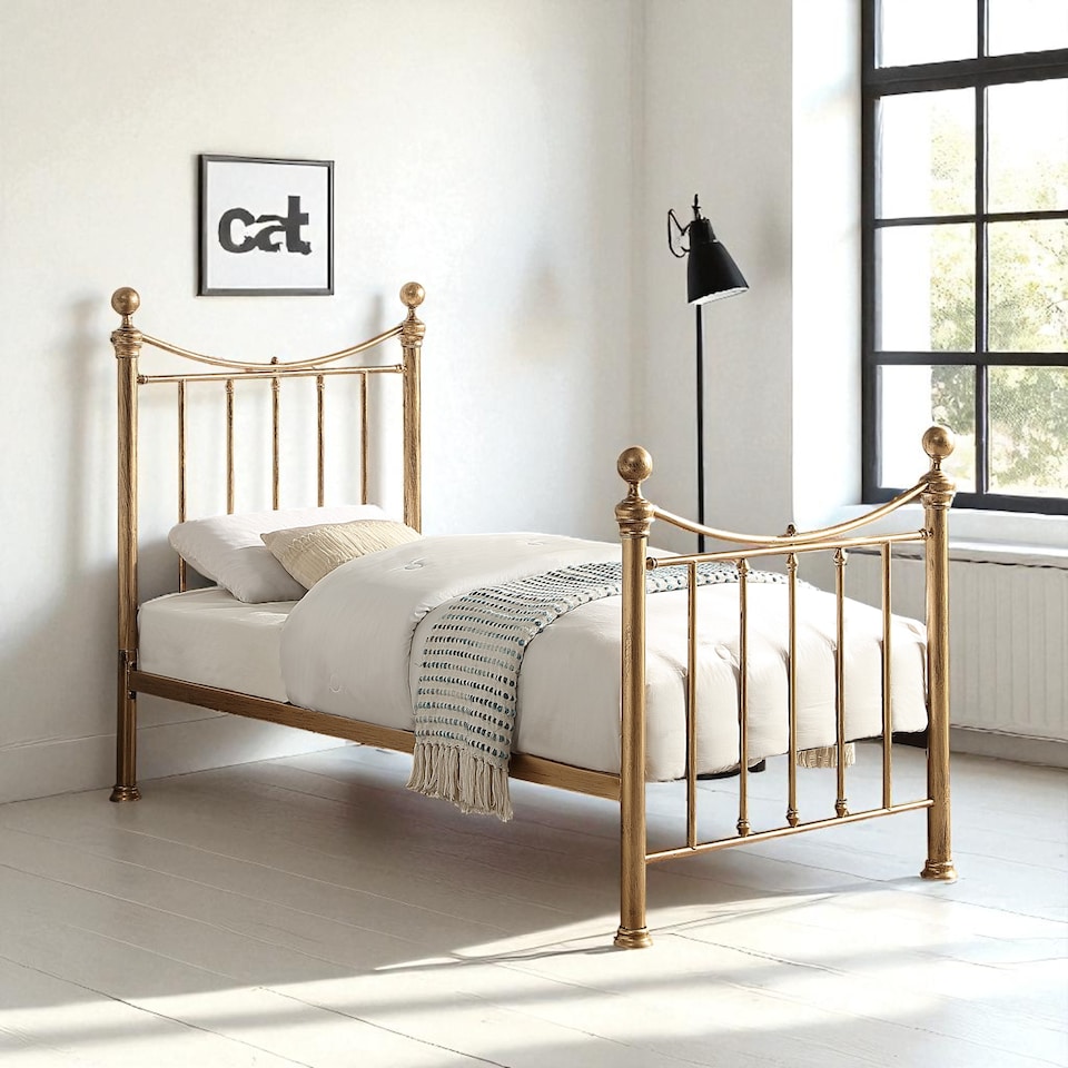 image 1 of Hampstead Traditional Style Distressed Antique Brass Effect Metal Bed Frame | Bronze | Antique Brass | Single
