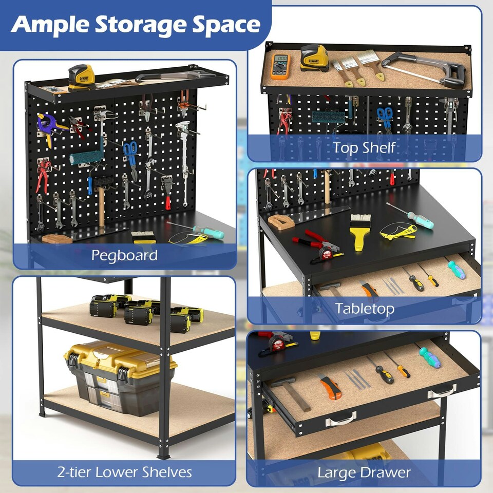 image 1 of COSTWAY Workbench 290KG Work Table w/2 PCS Pegboard-Black