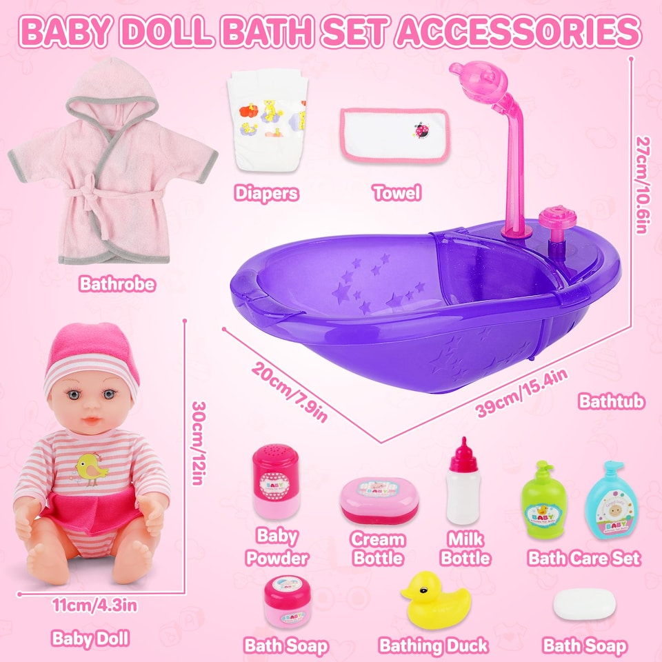 image 1 of Baby Doll Bath Set with Real Working Bathtub & Shower Spray – 12" Baby Doll, Bath Accessories & Pretend Play Set for Kids Ages 3+