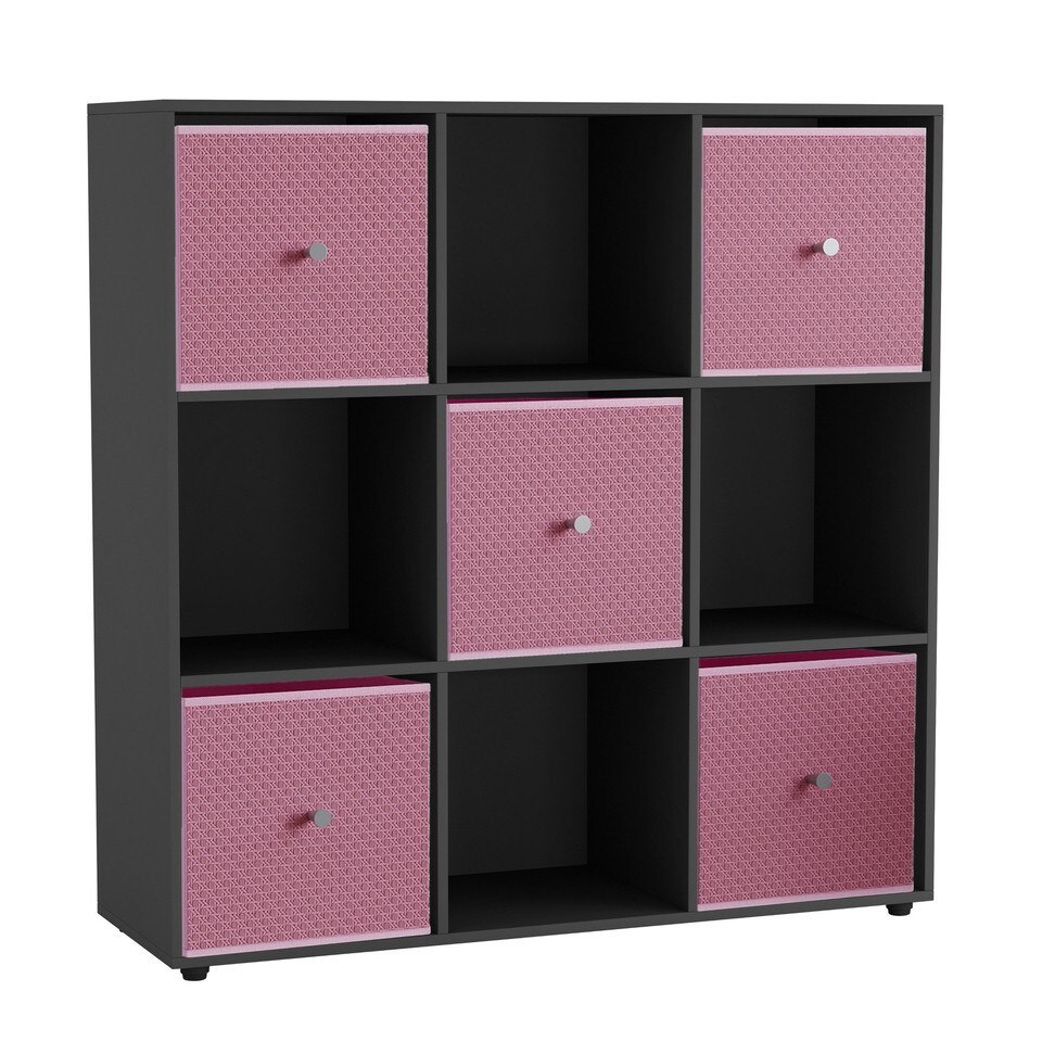 9 Cube Wooden Bookcase Shelving Unit with 5 Collapsible Fabric Drawers Multi Black & Pastel Pink 1