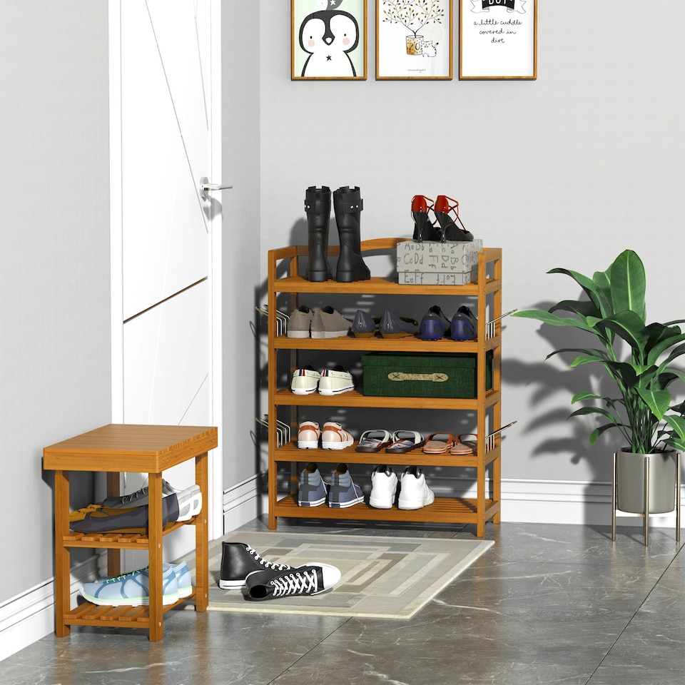 image 1 of HOMCOM 5-Tier Shoe Rack Acacia Wood Shoe Storage Shelf for Entryway Bedroom Teak