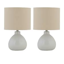 First Choice Lighting Set of 2 Tuscan White Ceramic Lamps with Natural Linen Shade White | Brown