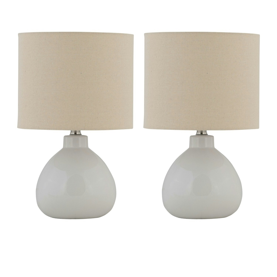image 1 of First Choice Lighting Set of 2 Tuscan White Ceramic Lamps with Natural Linen Shade White | Brown