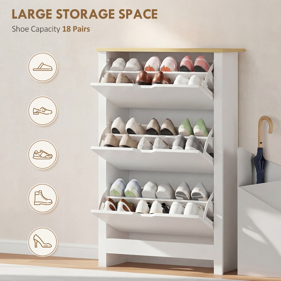 image 1 of HOMCOM 18-Shoe Storage Cabinet 6 Shelves 3 Drawers Tabletop 4 Legs Modern White