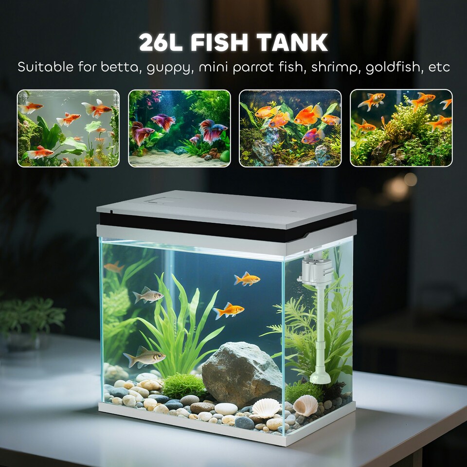 image 1 of PawHut 26L Small Fish Tank with Filter System, LED Lights, Water Pump, White