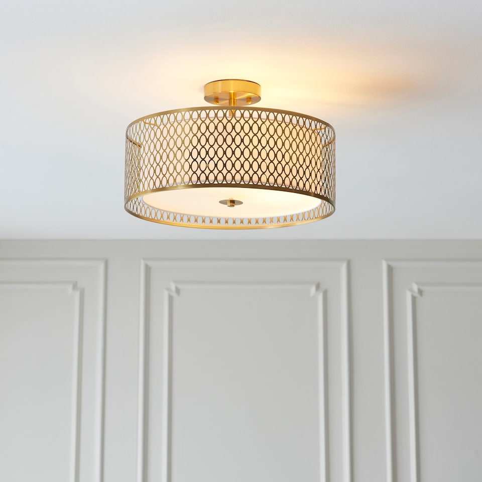 image 1 of Cordero Decorative Flush Ceiling Lamp, Gold Effect Plate, White Fabric, Frosted Glass