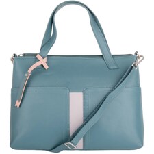 Womens Premium Soft Genuine Leather Twin Tote Style Shoulder Handbag with Detachable Shoulder Strap - Aqua / Ivory Green | Aqua/Ivory